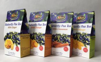 Trà Đậu Biếc có 4 vị: Xoài, Cam, Quế, Gừng